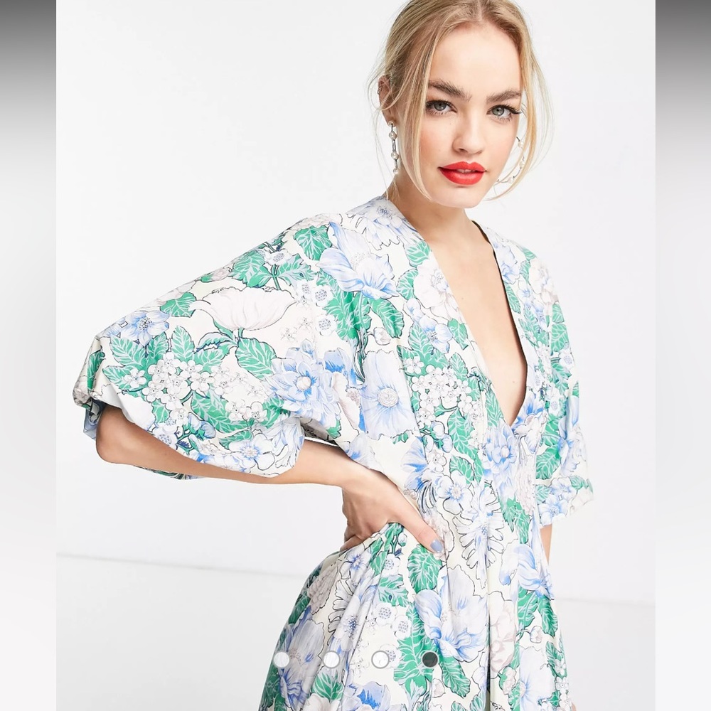 Pleat waist midi dress with puff sleeve in floral print